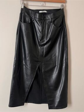 Abercrombie & Fitch Black Faux Leather Midi Skirt with Front Slit